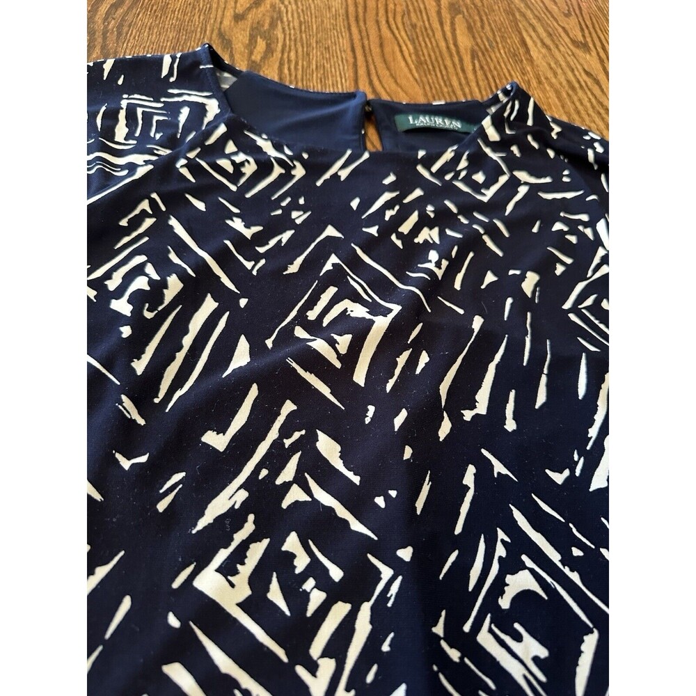 LAUREN RALPH LAUREN Navy Blue White Geometric Size 12 Long Sleeved‎ Lined Dress - Picture 9 of 9